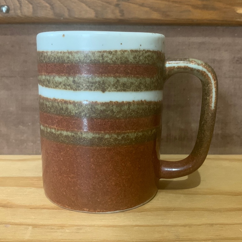 Vintage mug. Hand painted glaze. Striped earthy tones.